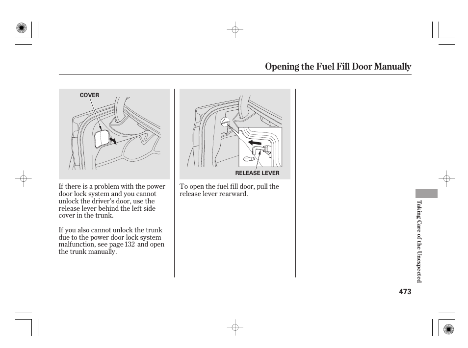 Opening the fuel fill door manually | Acura 2009 TSX User Manual | Page 479 / 526