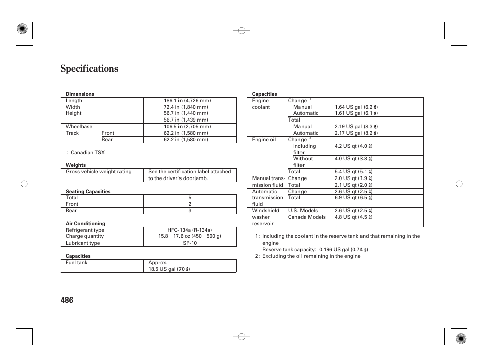 Specifications | Acura 2009 TSX User Manual | Page 492 / 526