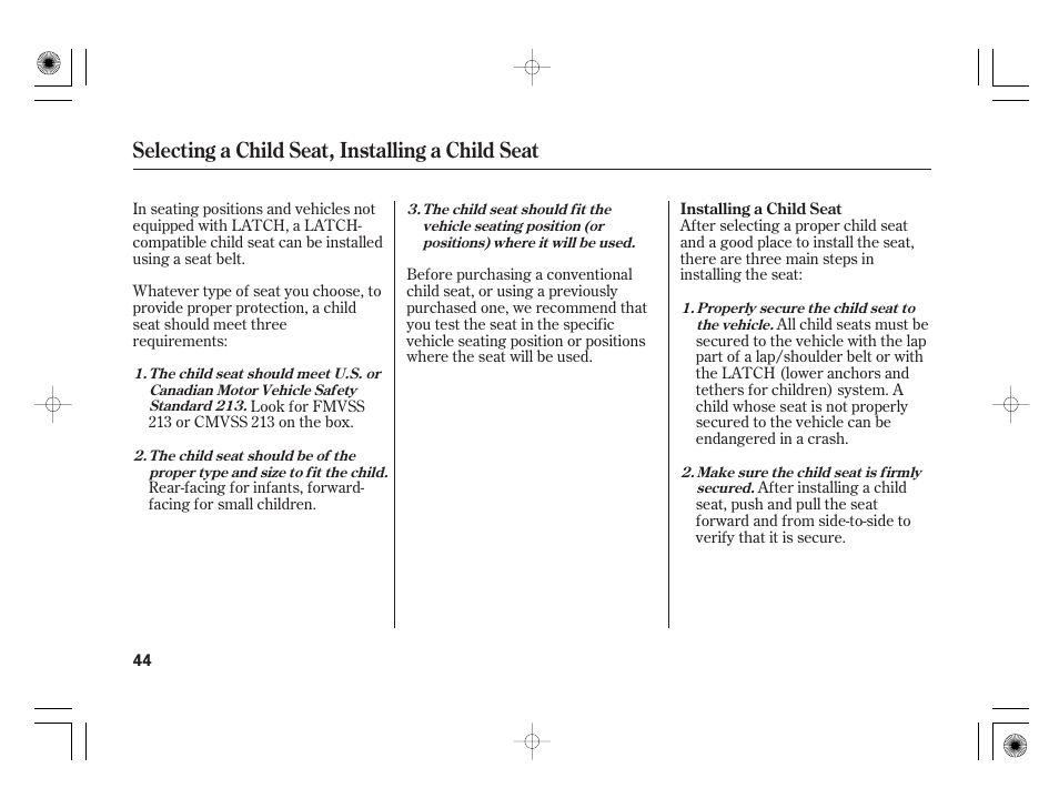 Selecting a child seat, installing a child seat | Acura 2009 TSX User Manual | Page 50 / 526