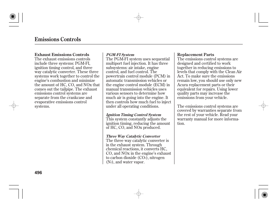 Emissions controls | Acura 2009 TSX User Manual | Page 502 / 526