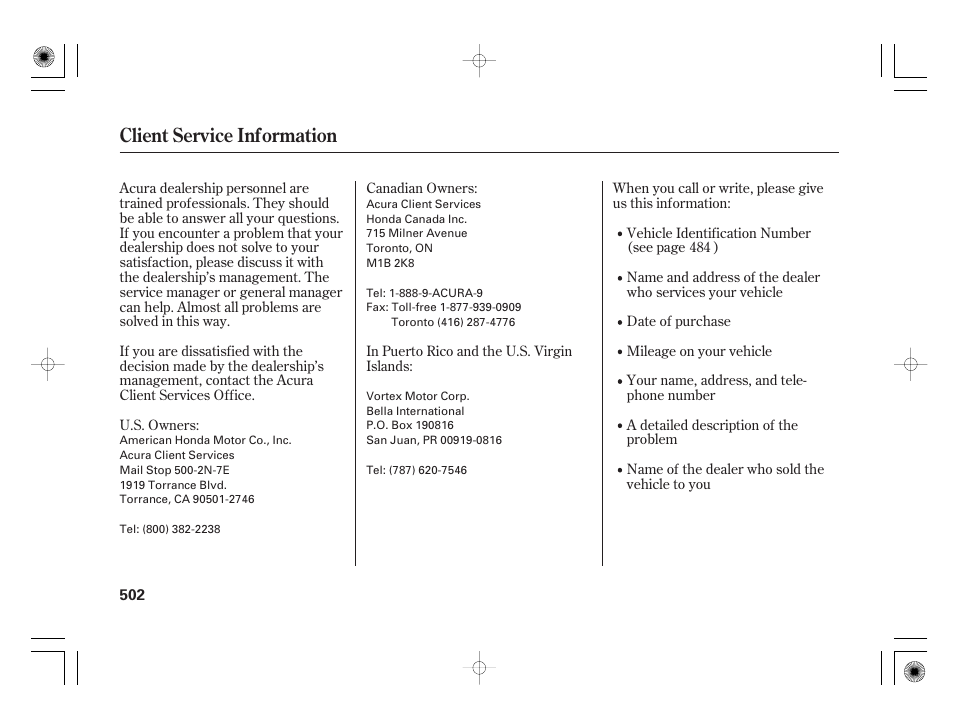Client service information | Acura 2009 TSX User Manual | Page 508 / 526
