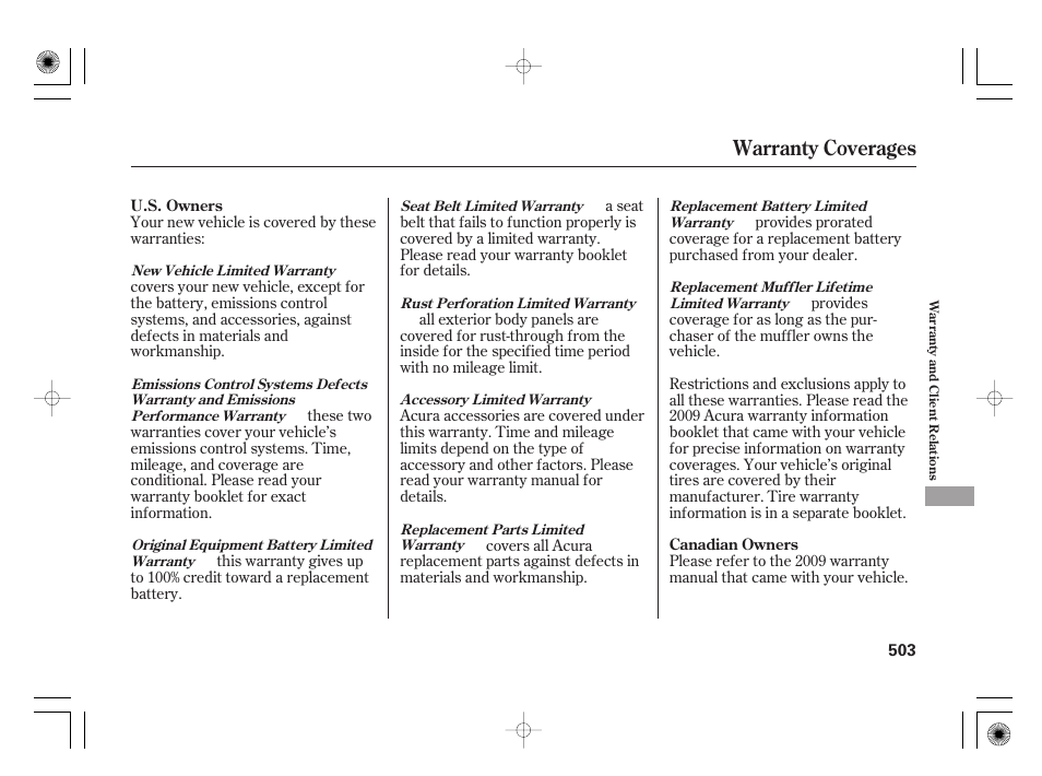 Warranty coverages | Acura 2009 TSX User Manual | Page 509 / 526