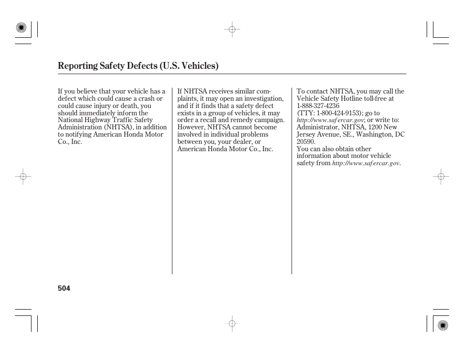 Reporting safety defects (u.s. vehicles) | Acura 2009 TSX User Manual | Page 510 / 526