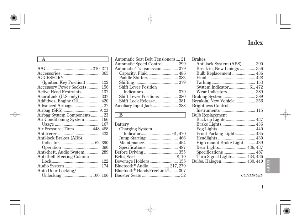 Index | Acura 2009 TSX User Manual | Page 513 / 526