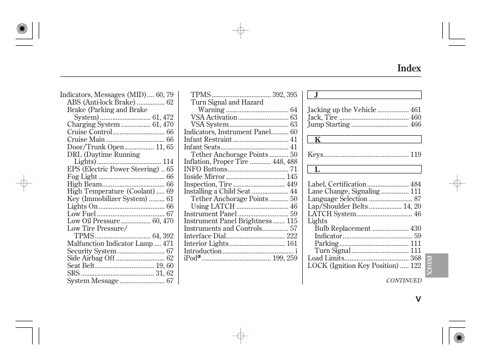 Index | Acura 2009 TSX User Manual | Page 517 / 526