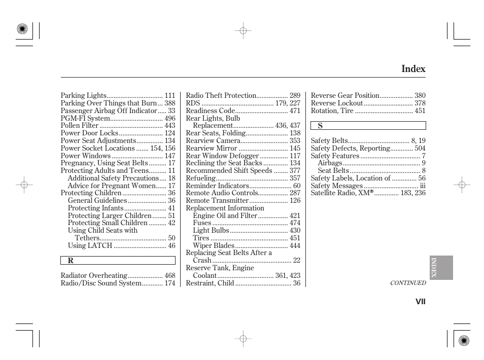 Index | Acura 2009 TSX User Manual | Page 519 / 526