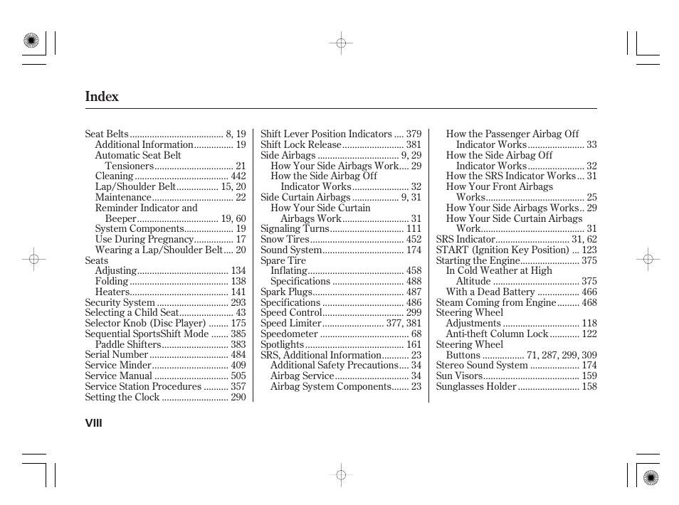 Index | Acura 2009 TSX User Manual | Page 520 / 526