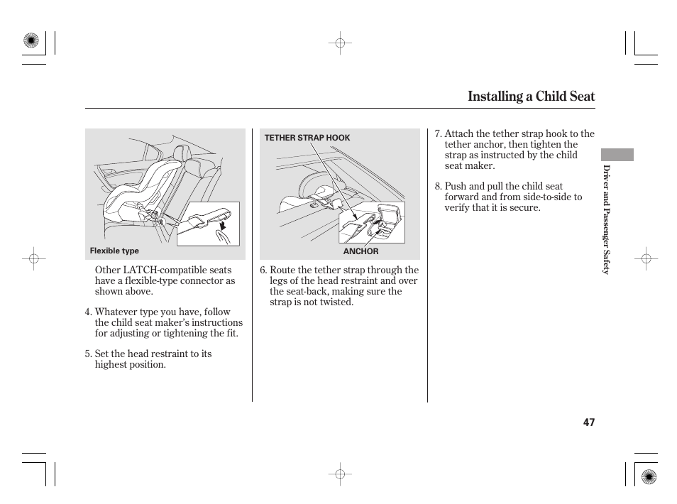 Installing a child seat | Acura 2009 TSX User Manual | Page 53 / 526