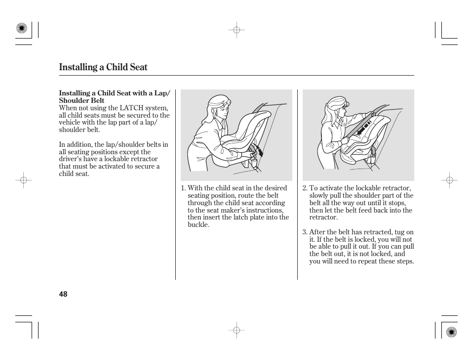 Installing a child seat | Acura 2009 TSX User Manual | Page 54 / 526