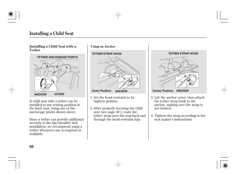 Installing a child seat | Acura 2009 TSX User Manual | Page 56 / 526