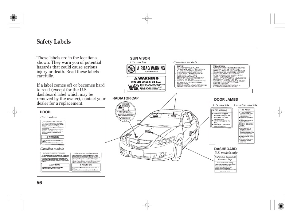 Safety labels | Acura 2009 TSX User Manual | Page 62 / 526