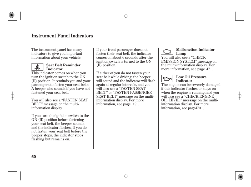 Instrument panel indicators | Acura 2009 TSX User Manual | Page 66 / 526