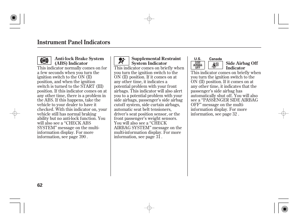 Instrument panel indicators | Acura 2009 TSX User Manual | Page 68 / 526