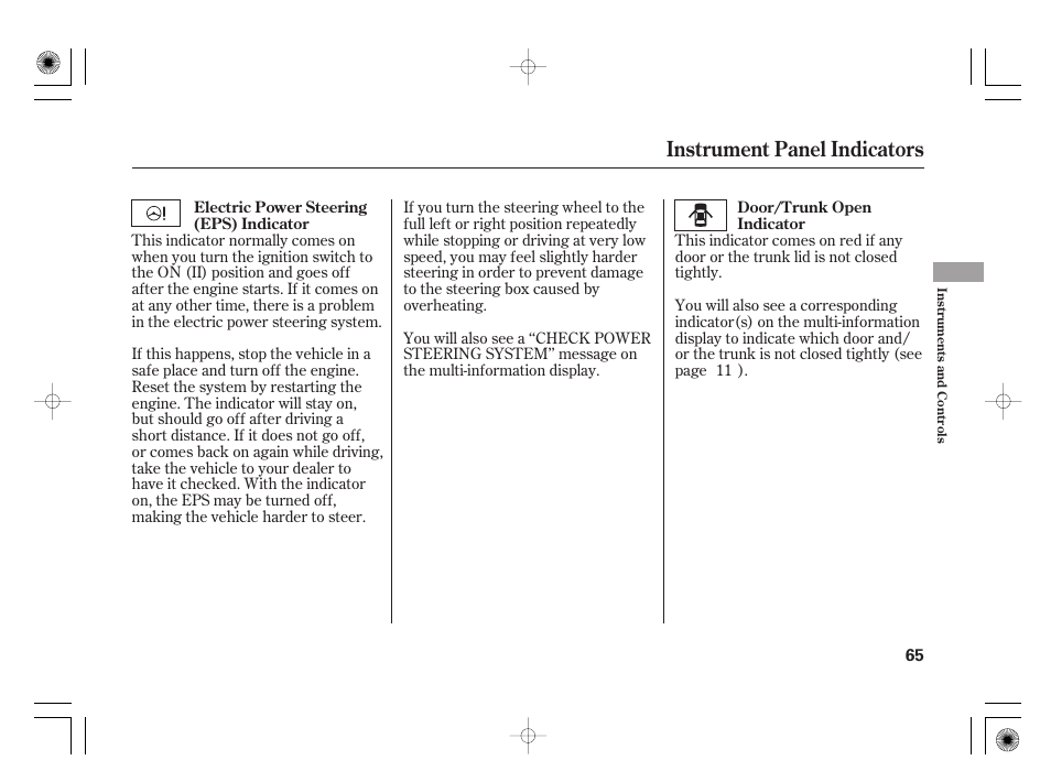 Instrument panel indicators | Acura 2009 TSX User Manual | Page 71 / 526