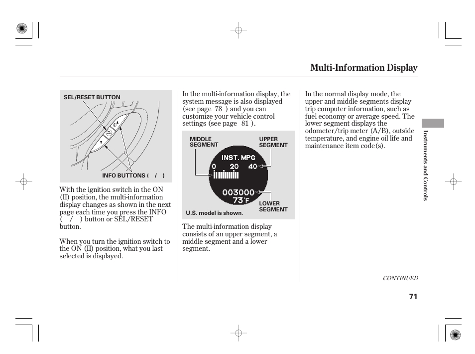 Multi-information display | Acura 2009 TSX User Manual | Page 77 / 526