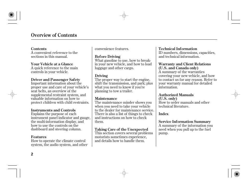 Overview of contents | Acura 2009 TSX User Manual | Page 8 / 526