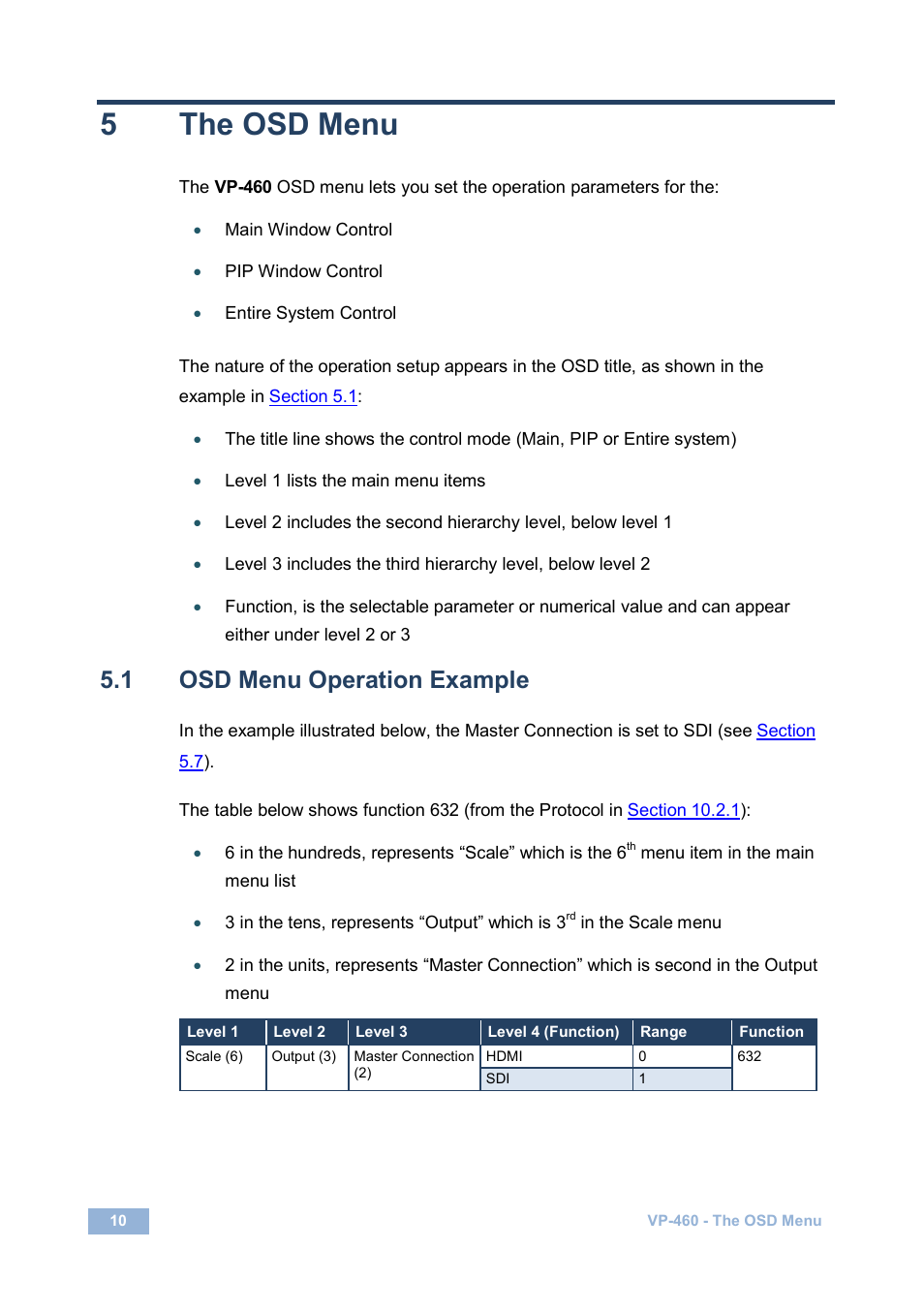 5 the osd menu, 1 osd menu operation example, The osd menu | Osd menu operation example, 5the osd menu | Kramer Electronics VP-460 User Manual | Page 15 / 61