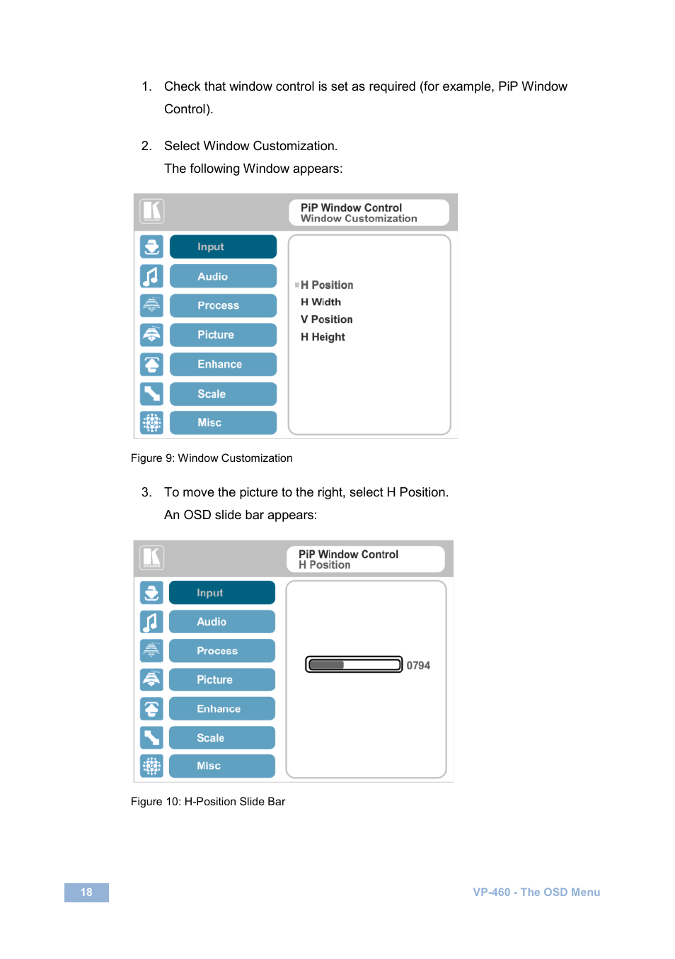 Figure 9: window customization, Figure 10: h-position slide bar, Figure 9 | Kramer Electronics VP-460 User Manual | Page 23 / 61