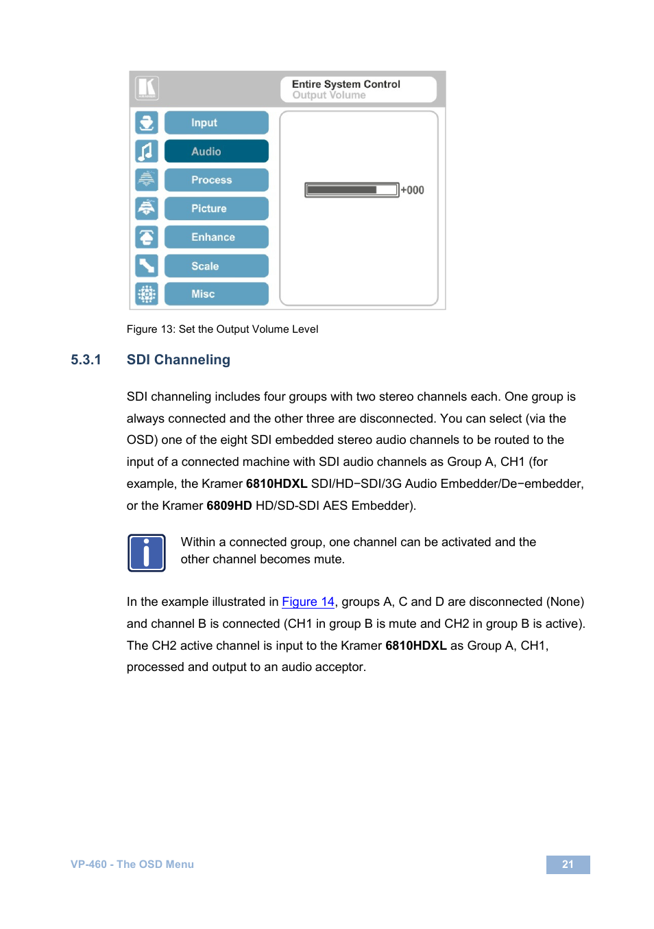 1 sdi channeling, Figure 13: set the output volume level, Figure 13 | On 5.3.1 | Kramer Electronics VP-460 User Manual | Page 26 / 61