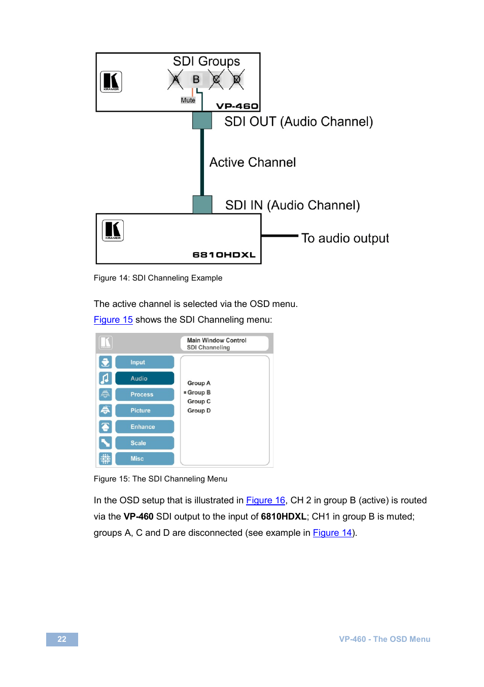 Figure 14: sdi channeling example, Figure 15: the sdi channeling menu | Kramer Electronics VP-460 User Manual | Page 27 / 61