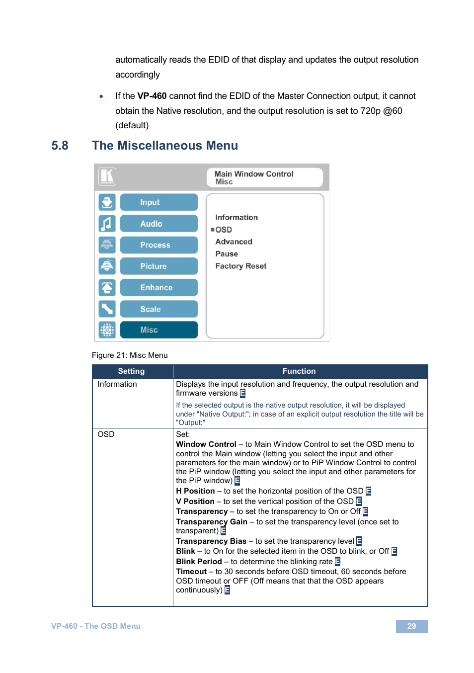8 the miscellaneous menu, The miscellaneous menu, Figure 21: misc menu | N 5.8 | Kramer Electronics VP-460 User Manual | Page 34 / 61