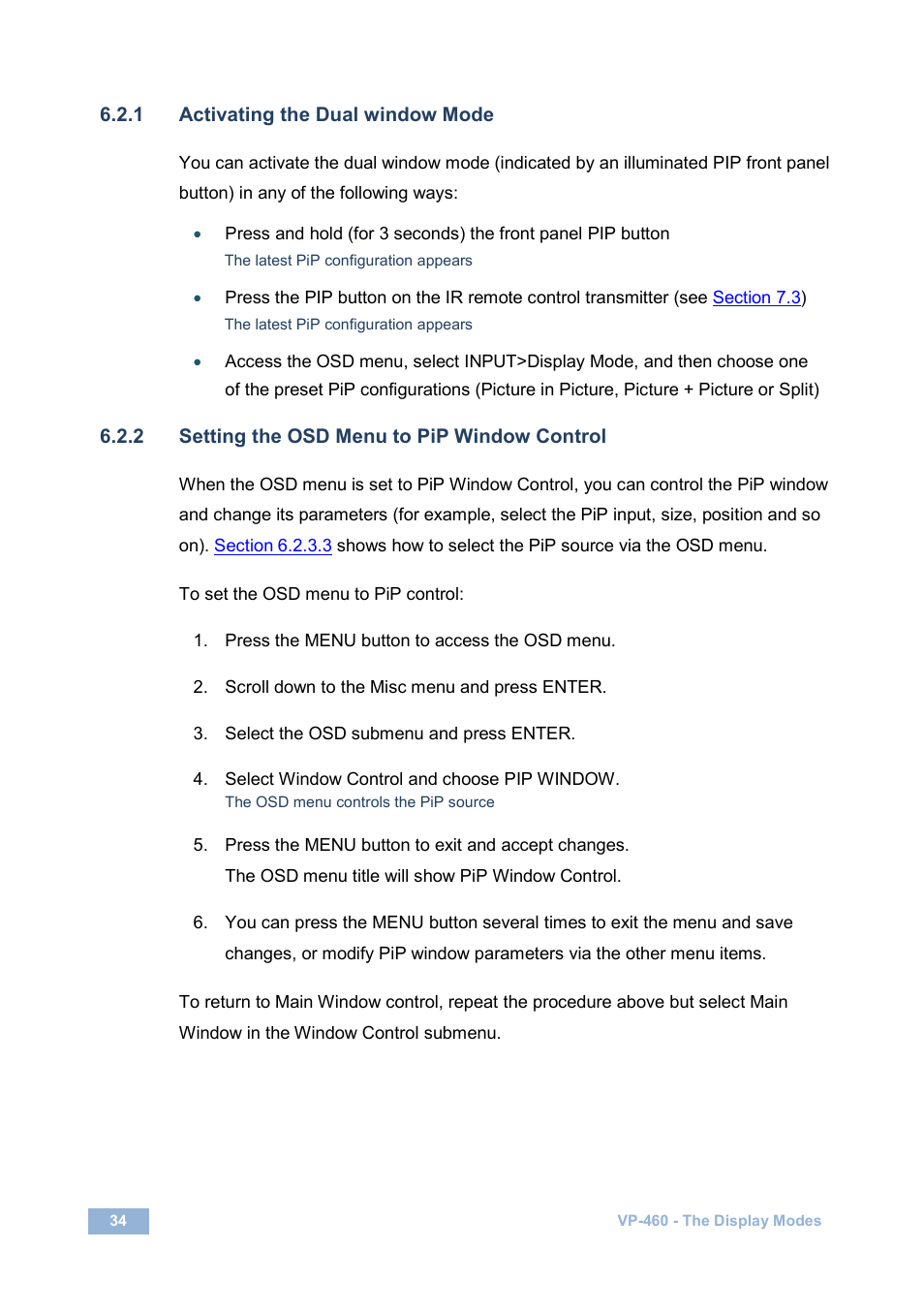 1 activating the dual window mode, 2 setting the osd menu to pip window control | Kramer Electronics VP-460 User Manual | Page 39 / 61