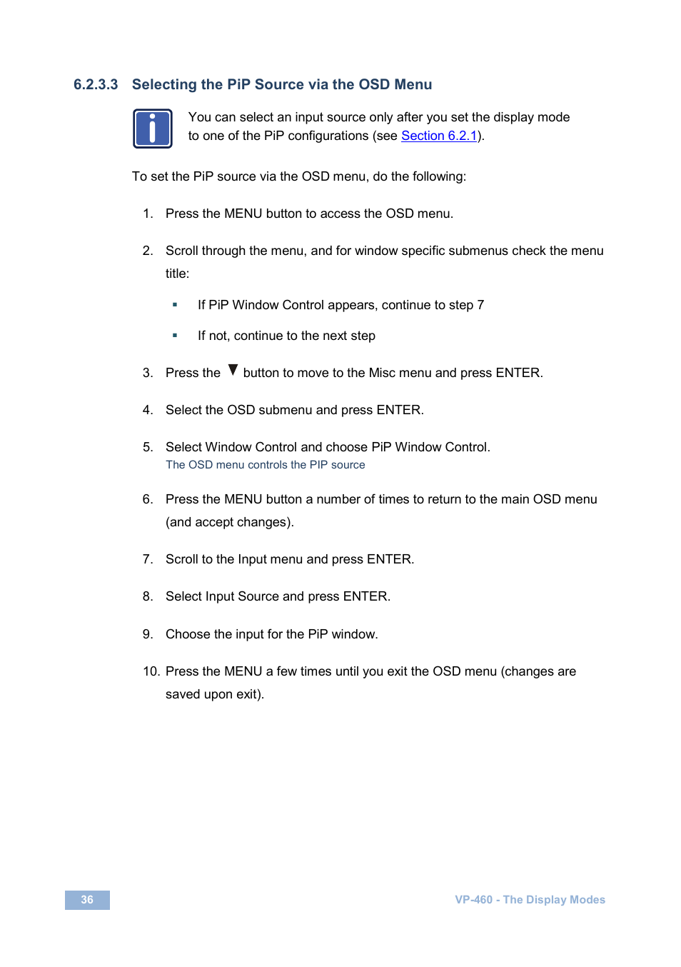 3 selecting the pip source via the osd menu, On 6.2.3.3 | Kramer Electronics VP-460 User Manual | Page 41 / 61