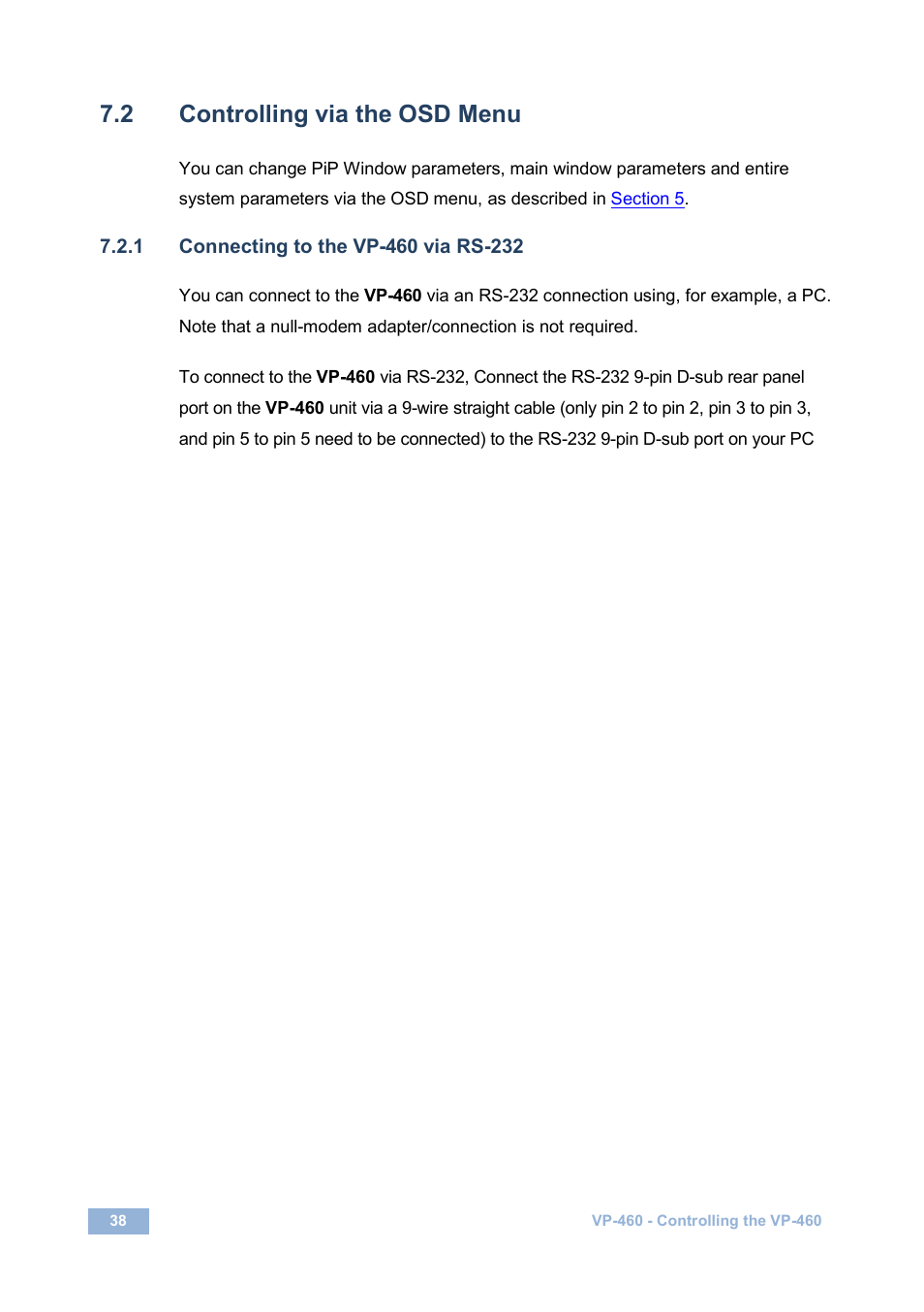 2 controlling via the osd menu, 1 connecting to the vp-460 via rs-232, Controlling via the osd menu | On 7.2.1, On 7.2 | Kramer Electronics VP-460 User Manual | Page 43 / 61