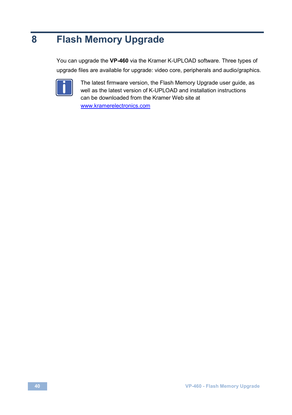 8 flash memory upgrade, Flash memory upgrade | Kramer Electronics VP-460 User Manual | Page 45 / 61
