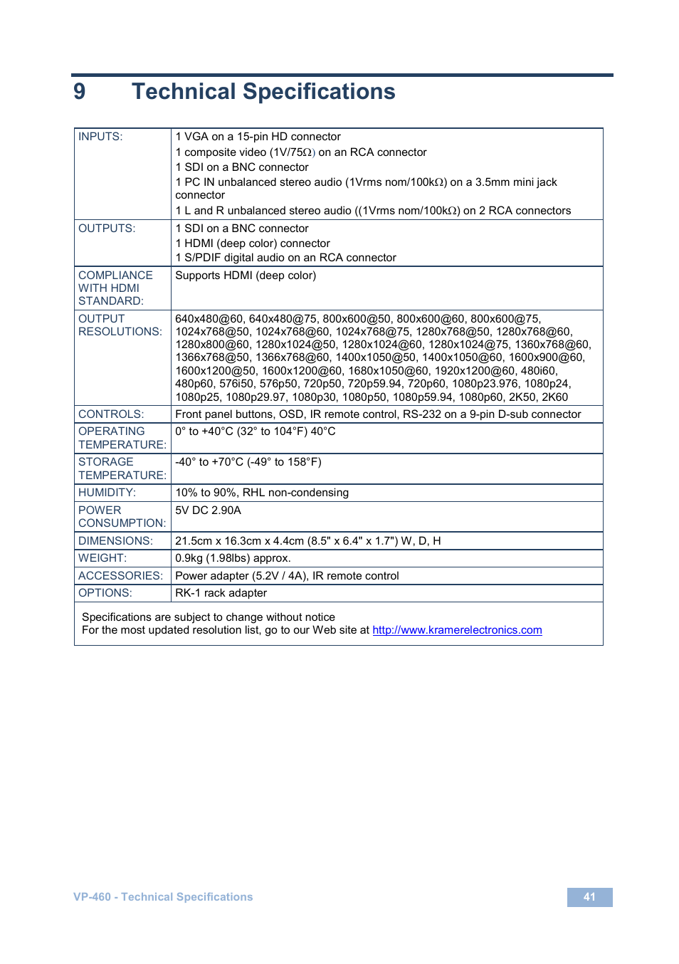 9 technical specifications, Technical specifications, 9technical specifications | Kramer Electronics VP-460 User Manual | Page 46 / 61