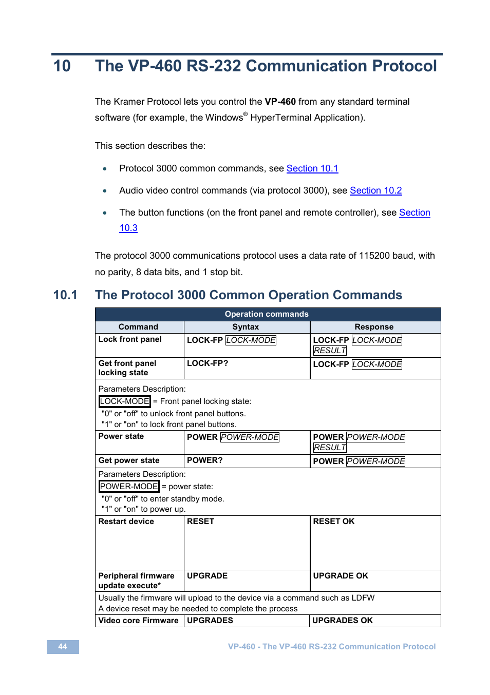 10 the vp-460 rs-232 communication protocol, 1 the protocol 3000 common operation commands, The vp-460 rs-232 communication protocol | The protocol 3000 common operation commands | Kramer Electronics VP-460 User Manual | Page 49 / 61