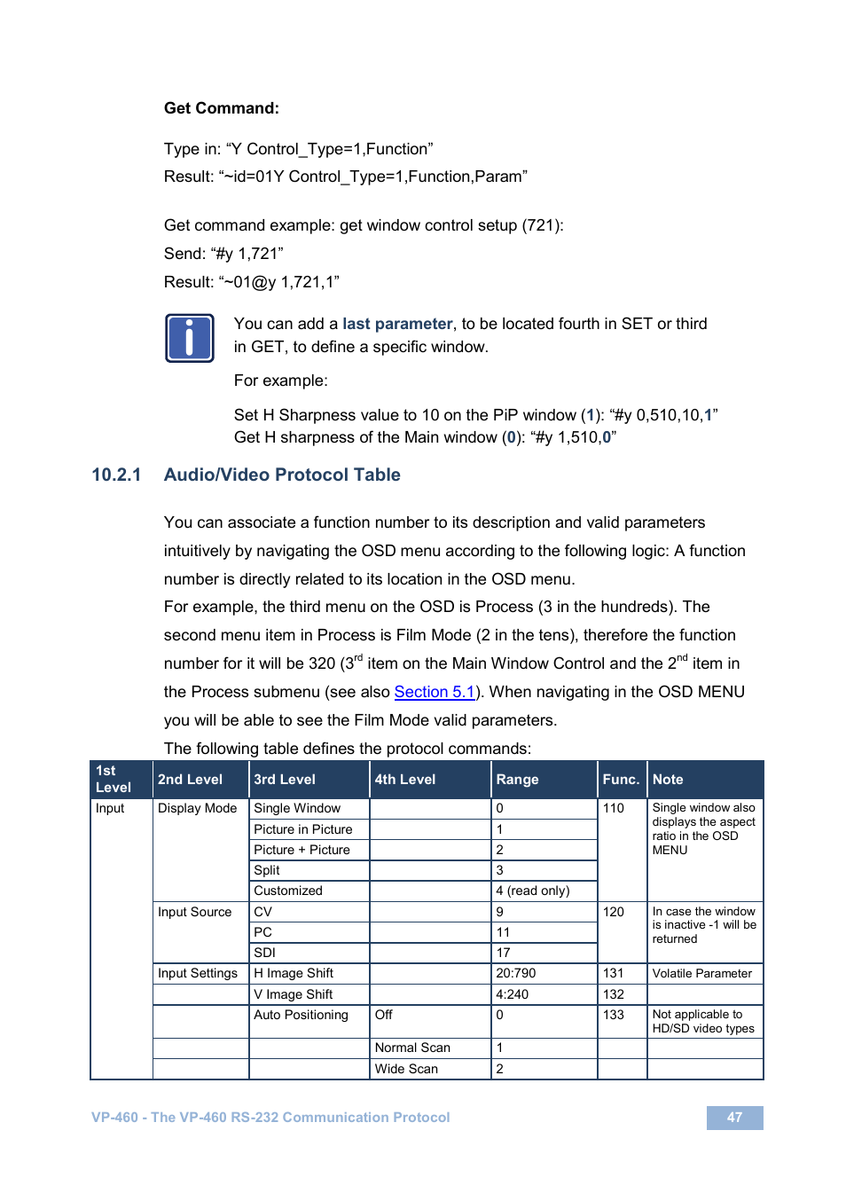 1 audio/video protocol table, On 10.2.1 | Kramer Electronics VP-460 User Manual | Page 52 / 61