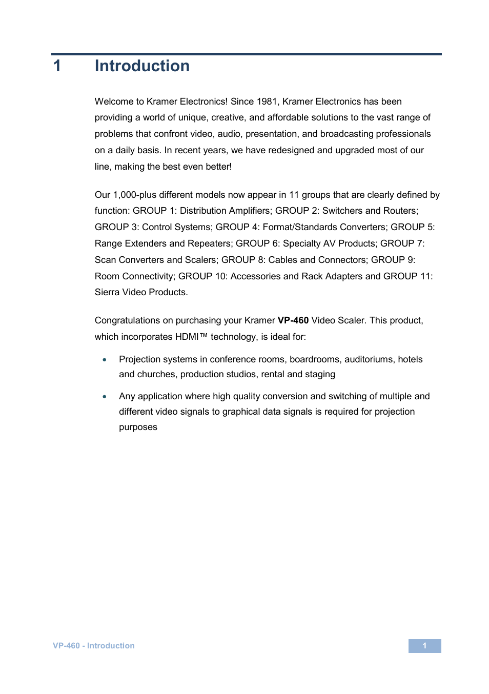 1 introduction, Introduction, 1introduction | Kramer Electronics VP-460 User Manual | Page 6 / 61