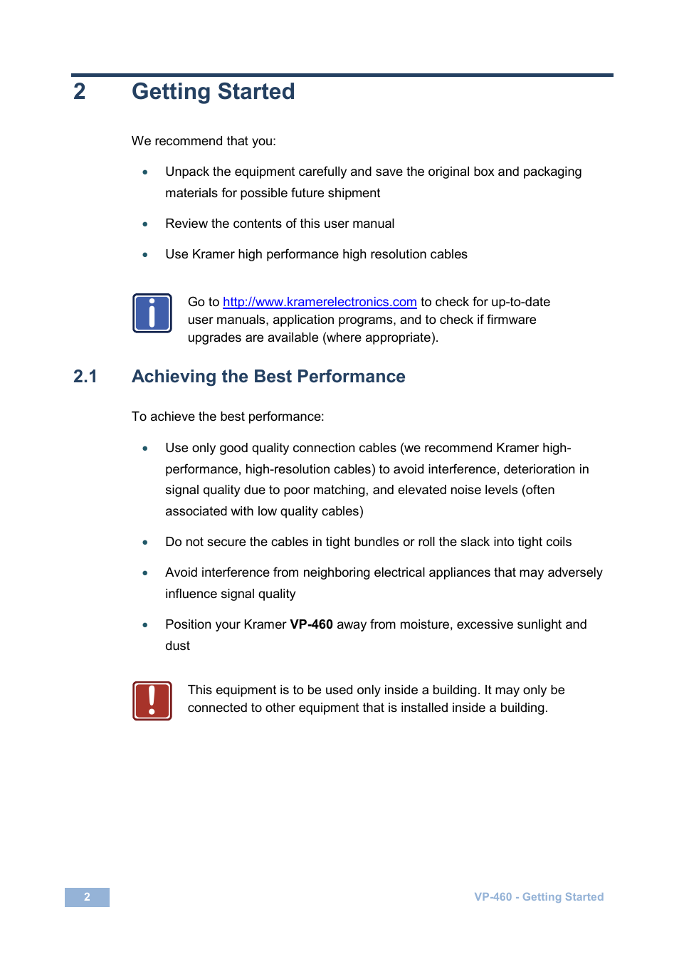 2 getting started, 1 achieving the best performance, Getting started | Achieving the best performance, 2getting started | Kramer Electronics VP-460 User Manual | Page 7 / 61
