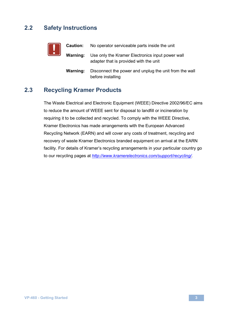 2 safety instructions, 3 recycling kramer products, Safety instructions | Recycling kramer products | Kramer Electronics VP-460 User Manual | Page 8 / 61