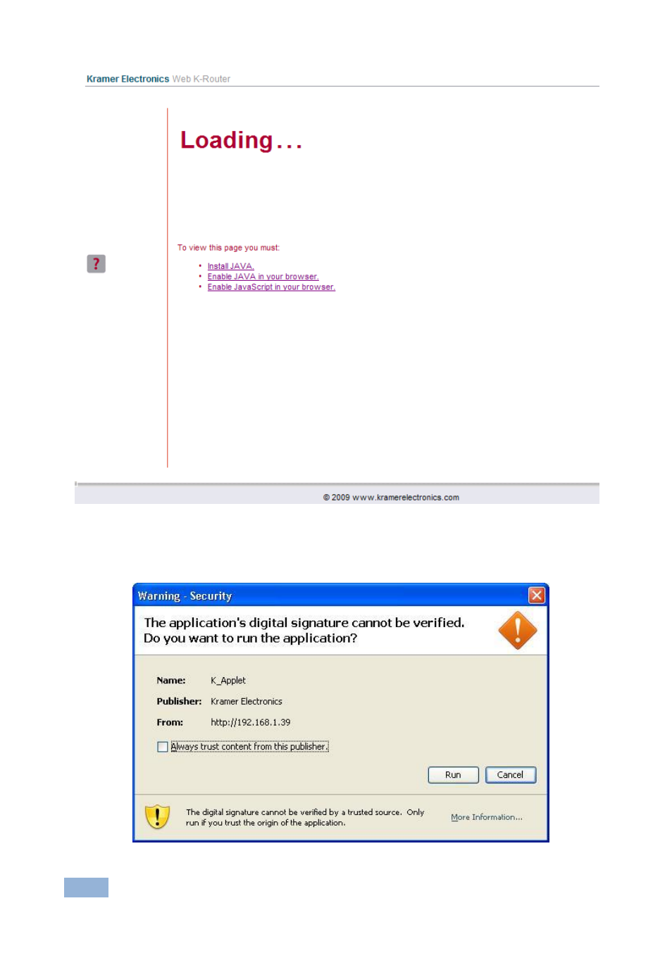 Figure 11: first time security warning | Kramer Electronics VP-4x1CS User Manual | Page 21 / 39