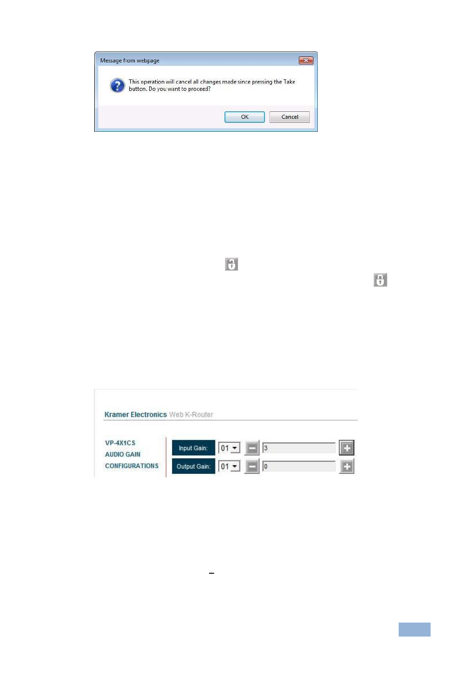 5 locking and unlocking the front panel buttons, Figure 14: exiting offline warning, Section | Figure 14 | Kramer Electronics VP-4x1CS User Manual | Page 24 / 39