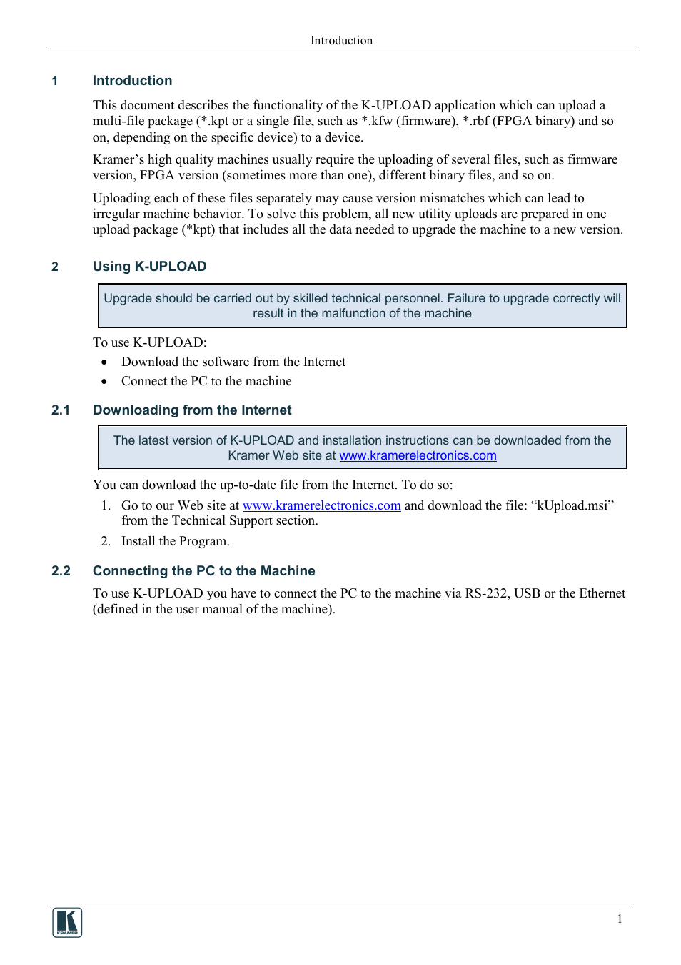 1 introduction, 2 using k-upload, 1 downloading from the internet | 2 connecting the pc to the machine, Introduction, Using k-upload, Downloading from the internet, Connecting the pc to the machine | Kramer Electronics 910 User Manual | Page 3 / 9