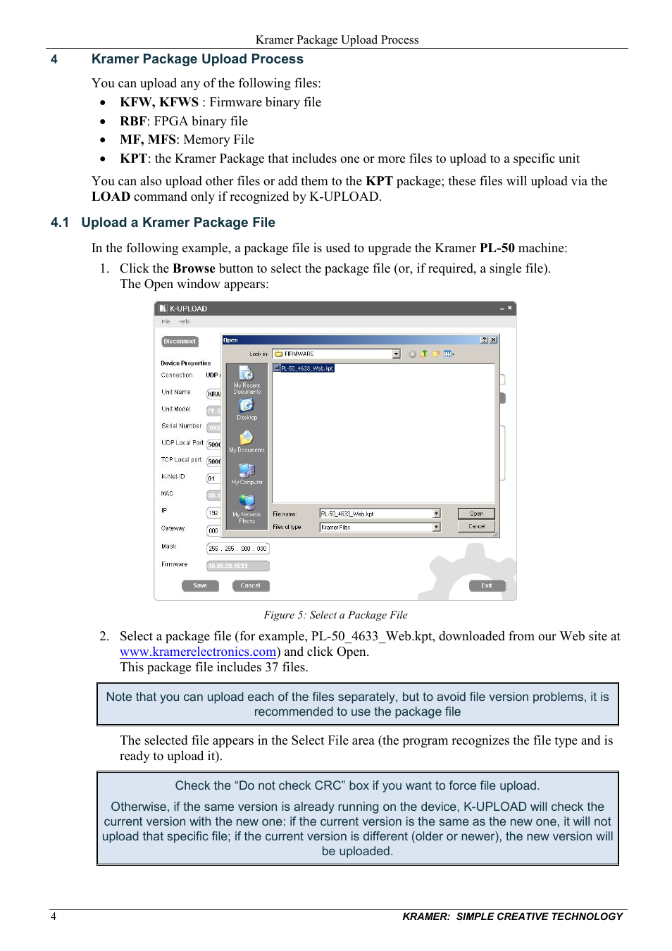 4 kramer package upload process, 1 upload a kramer package file, Kramer package upload process | Upload a kramer package file, Figure 5: select a package file | Kramer Electronics 910 User Manual | Page 6 / 9