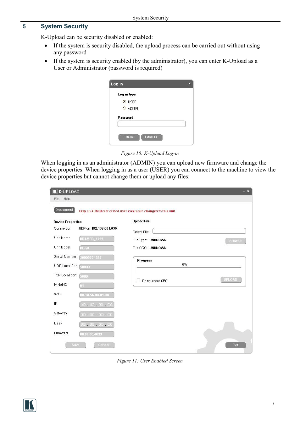 5 system security, System security, Figure 10: k-upload log-in | Figure 11: user enabled screen | Kramer Electronics 910 User Manual | Page 9 / 9