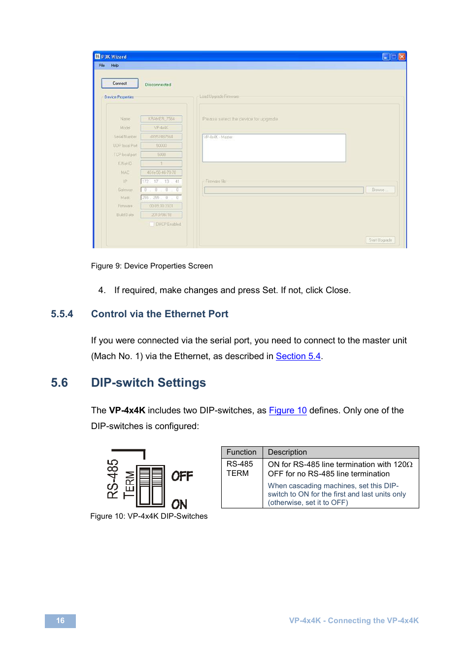 4 control via the ethernet port, 6 dip-switch settings, Dip-switch settings | Figure 9: device properties screen, Figure 10: vp-4x4k dip-switches, N 5.6, On 5.6 | Kramer Electronics VP-4x4K User Manual | Page 20 / 61