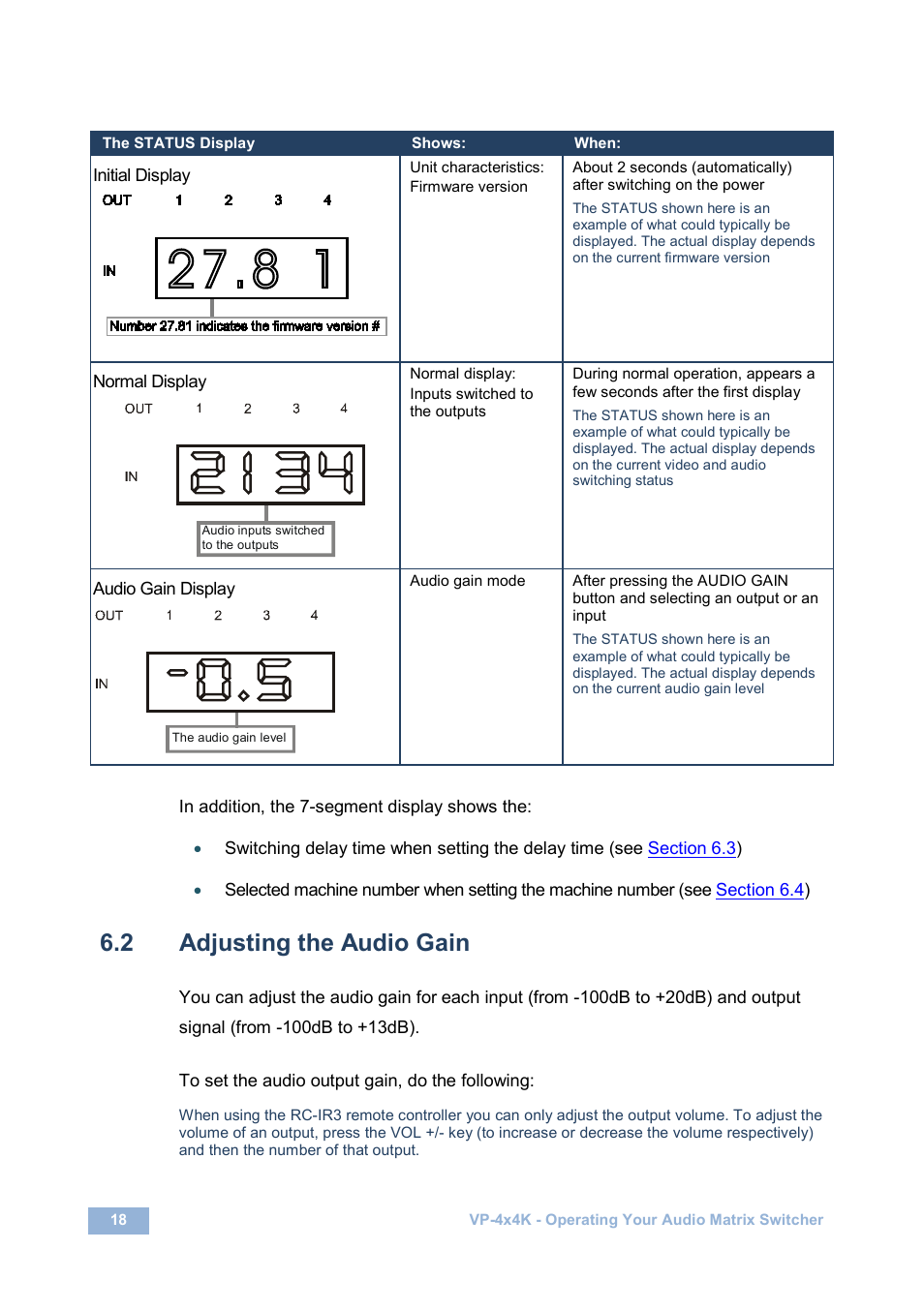 2 adjusting the audio gain, Adjusting the audio gain, N 6.2 | On 6.2 | Kramer Electronics VP-4x4K User Manual | Page 22 / 61