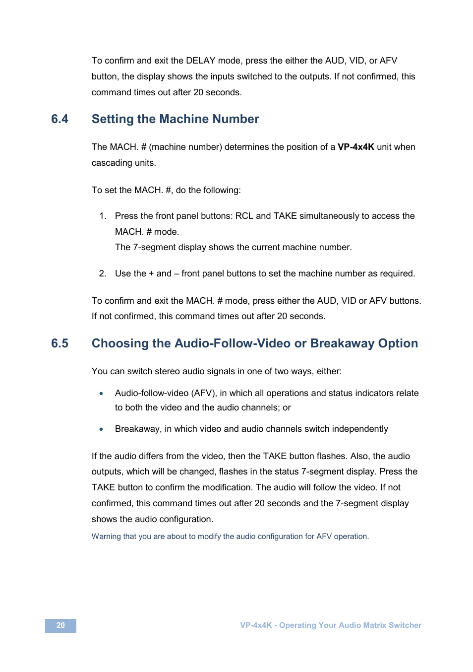 4 setting the machine number, Setting the machine number, On 6.4 | N 6.4, On 6.5 | Kramer Electronics VP-4x4K User Manual | Page 24 / 61