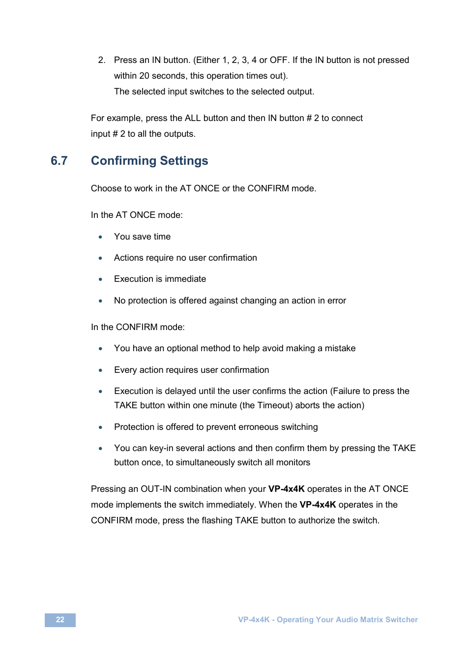 7 confirming settings, Confirming settings, On 6.7 | Kramer Electronics VP-4x4K User Manual | Page 26 / 61