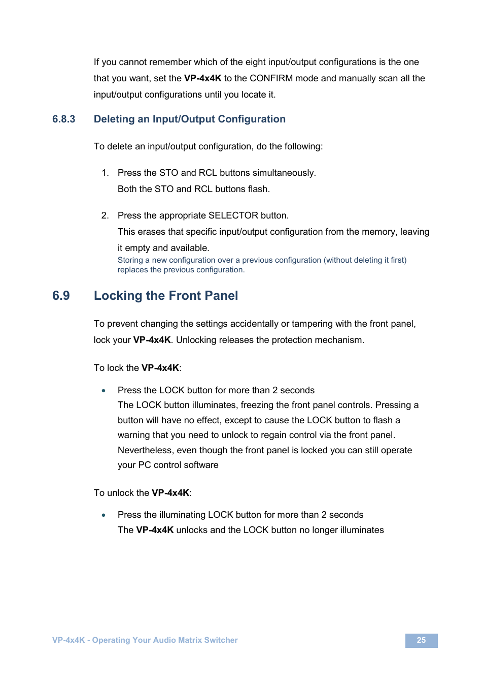 3 deleting an input/output configuration, 9 locking the front panel, Locking the front panel | On 6.9 | Kramer Electronics VP-4x4K User Manual | Page 29 / 61