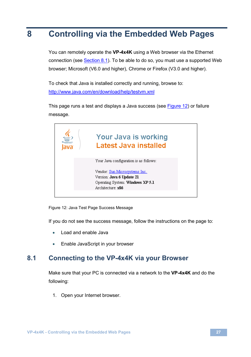 1 connecting to the vp-4x4k via your browser, Connecting to the vp-4x4k via your browser, 8controlling via the embedded web pages | Kramer Electronics VP-4x4K User Manual | Page 31 / 61