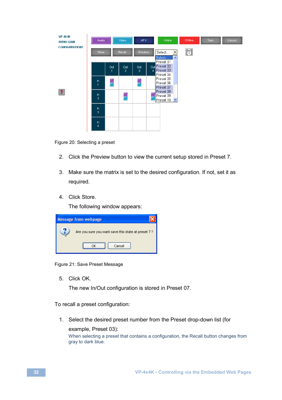 Figure 20: selecting a preset, Figure 21: save preset message | Kramer Electronics VP-4x4K User Manual | Page 36 / 61