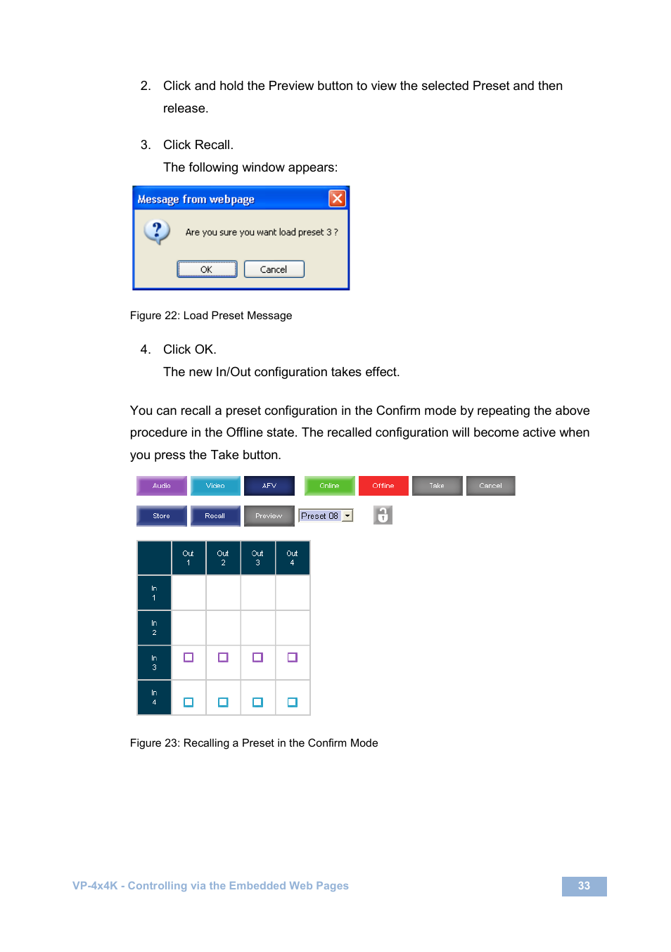 Figure 22: load preset message, Figure 23: recalling a preset in the confirm mode | Kramer Electronics VP-4x4K User Manual | Page 37 / 61