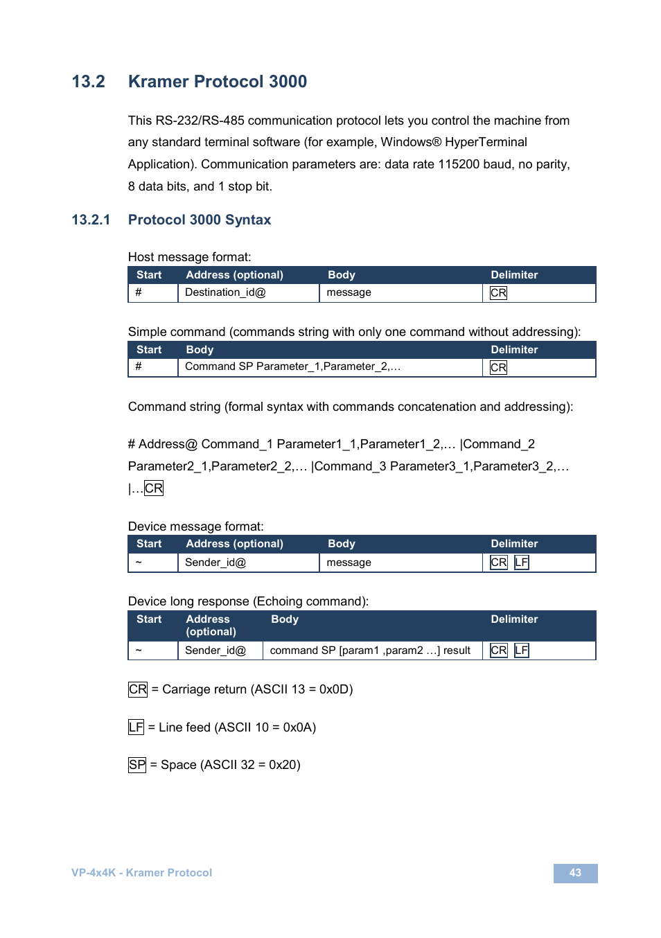 2 kramer protocol 3000, 1 protocol 3000 syntax, Kramer protocol 3000 | On 13.2 | Kramer Electronics VP-4x4K User Manual | Page 47 / 61