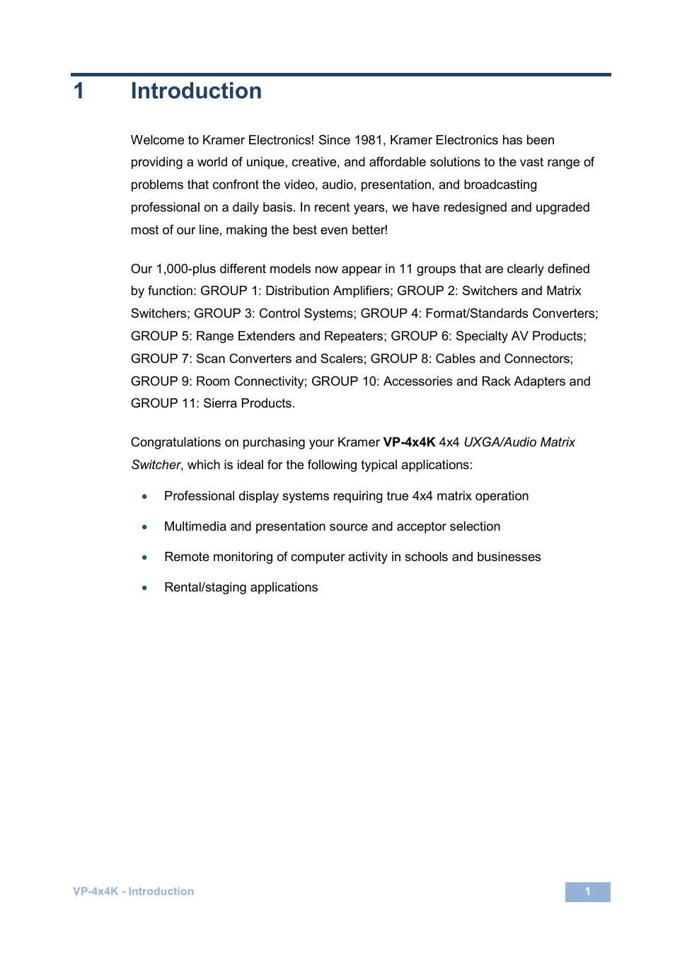 1 introduction, Introduction, 1introduction | Kramer Electronics VP-4x4K User Manual | Page 5 / 61